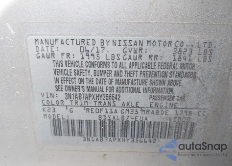 2017 Nissan Sentra S from USA, damaged, VIN 3N1AB7APXHY356642
